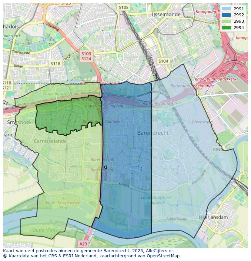 Afbeelding van de postcodes in de gemeente Barendrecht op de kaart.