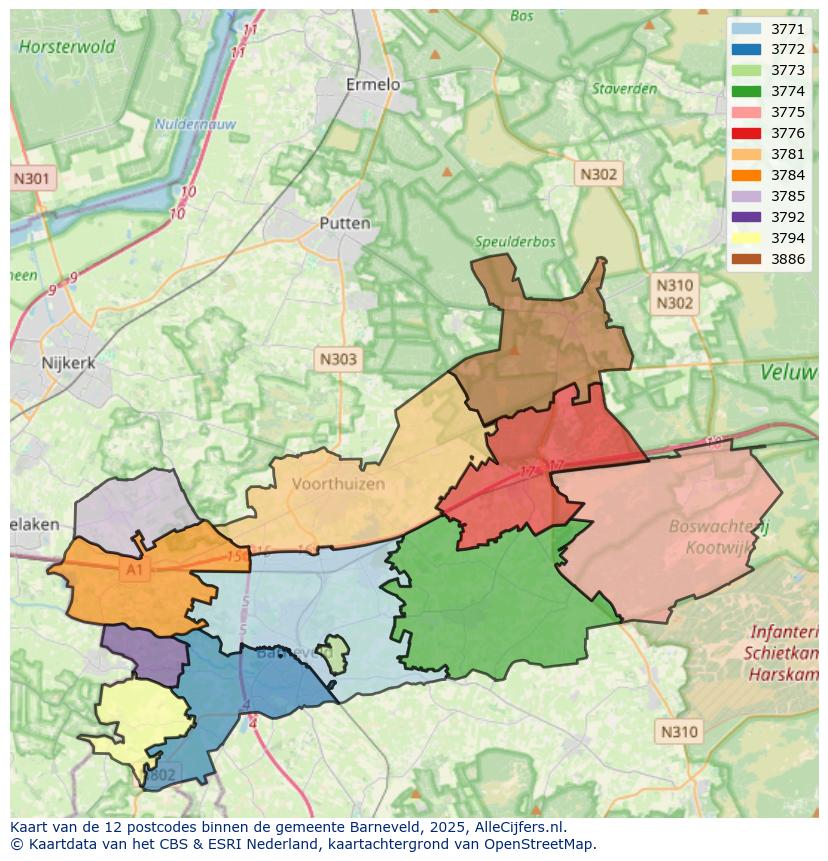Afbeelding van de postcodes in de gemeente Barneveld op de kaart.