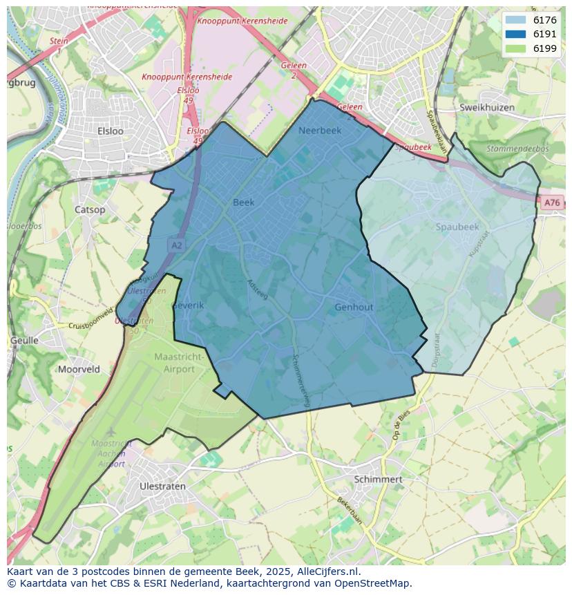 Afbeelding van de postcodes in de gemeente Beek op de kaart.