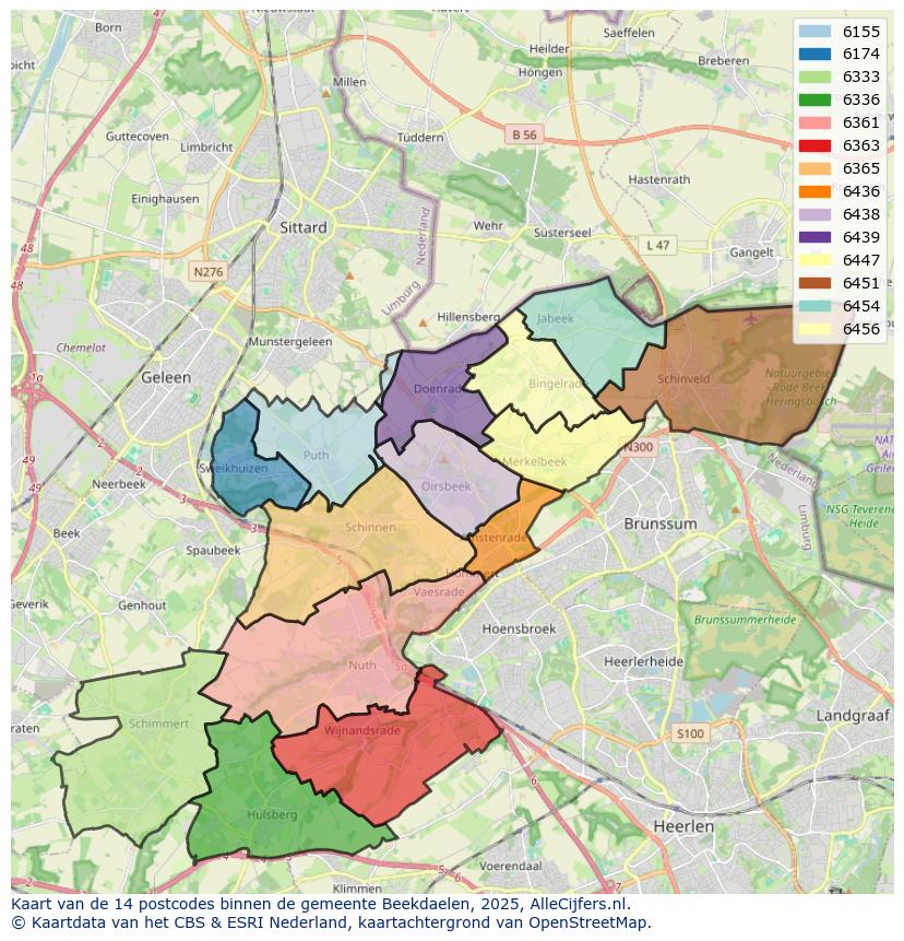 Afbeelding van de postcodes in de gemeente Beekdaelen op de kaart.