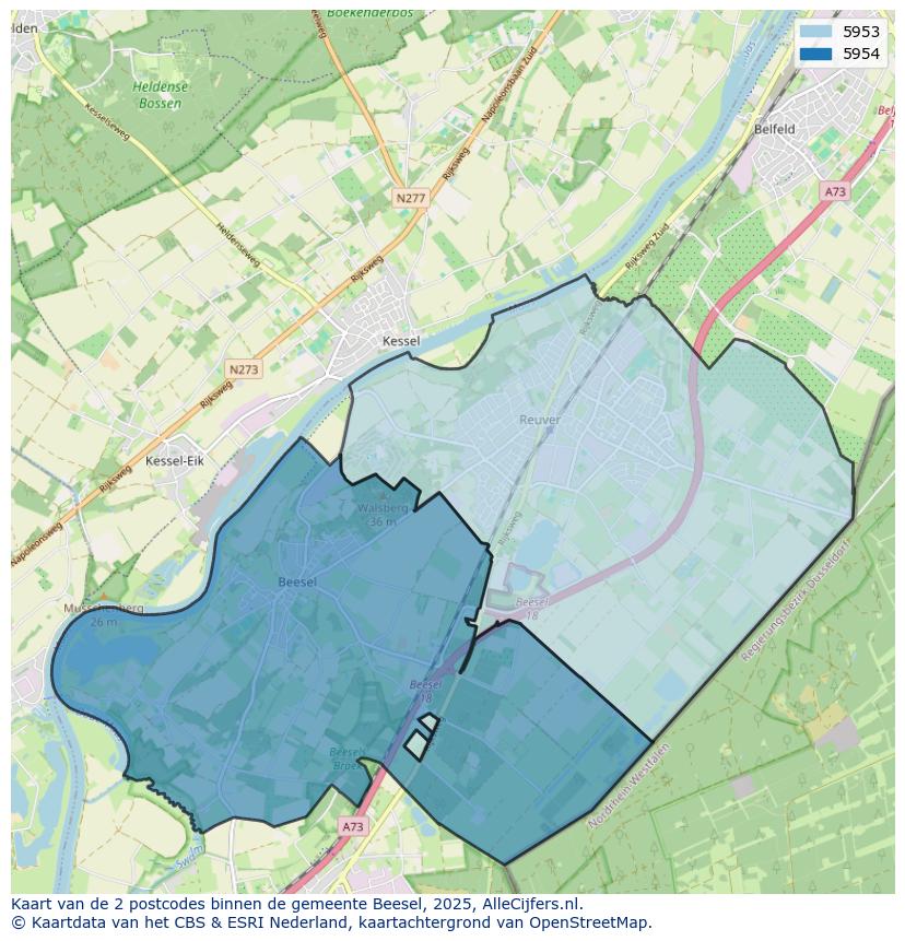Afbeelding van de postcodes in de gemeente Beesel op de kaart.