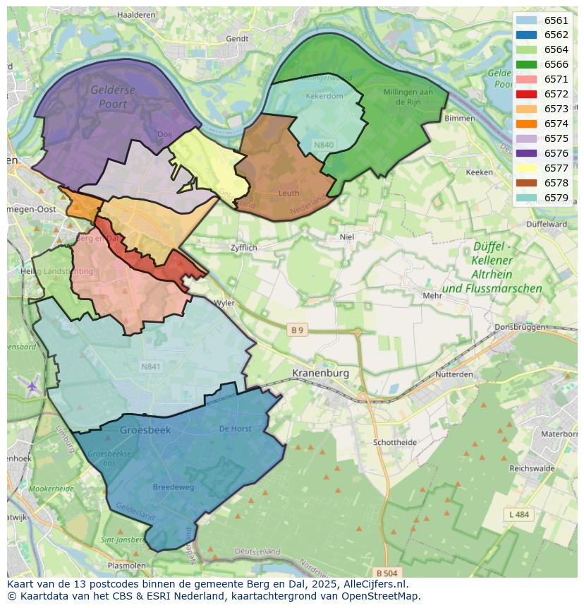 Afbeelding van de postcodes in de gemeente Berg en Dal op de kaart.