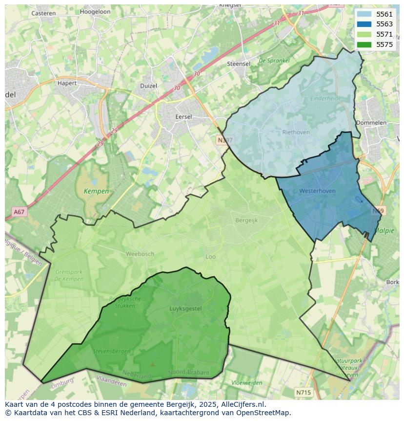 Afbeelding van de postcodes in de gemeente Bergeijk op de kaart.