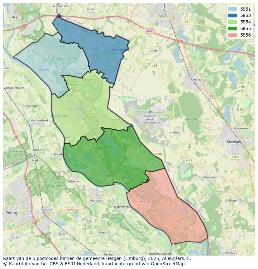 Afbeelding van de postcodes in de gemeente Bergen (Limburg) op de kaart.