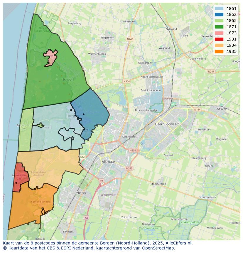 Afbeelding van de postcodes in de gemeente Bergen (Noord-Holland) op de kaart.