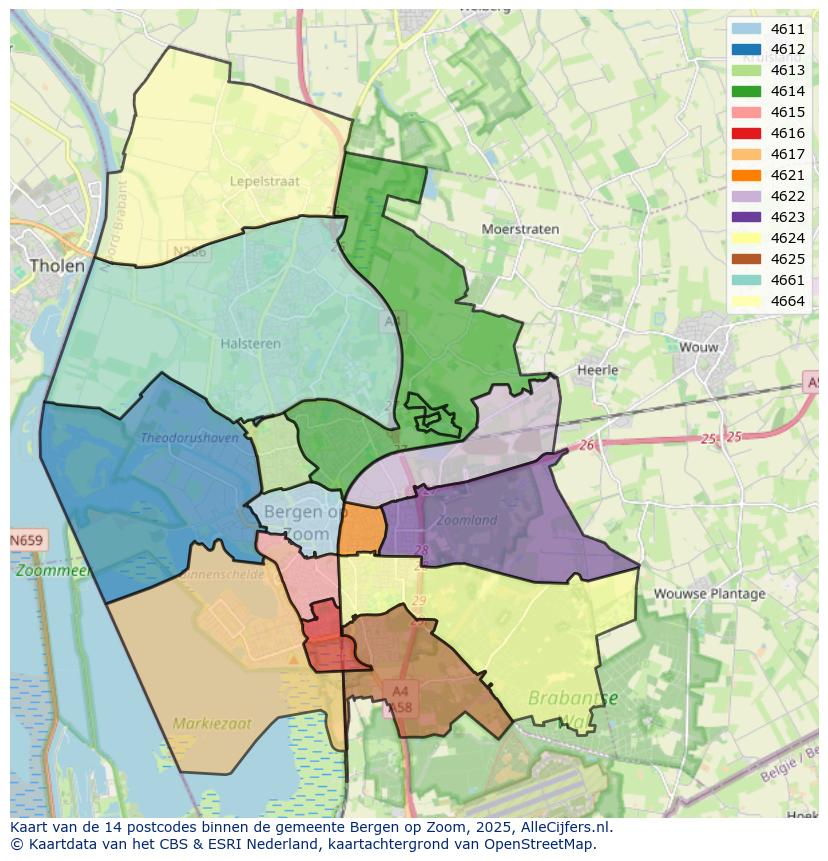 Afbeelding van de postcodes in de gemeente Bergen op Zoom op de kaart.