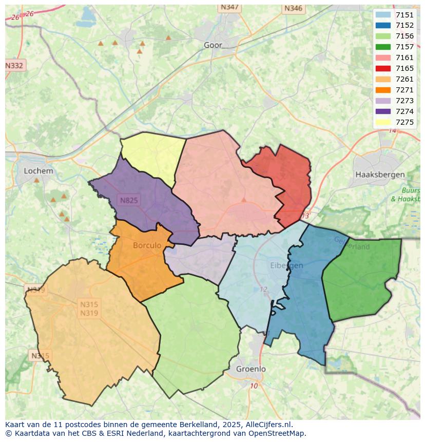 Afbeelding van de postcodes in de gemeente Berkelland op de kaart.