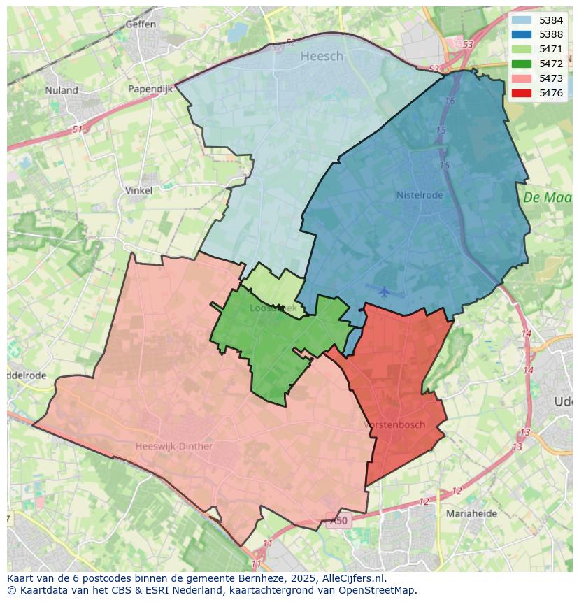 Afbeelding van de postcodes in de gemeente Bernheze op de kaart.
