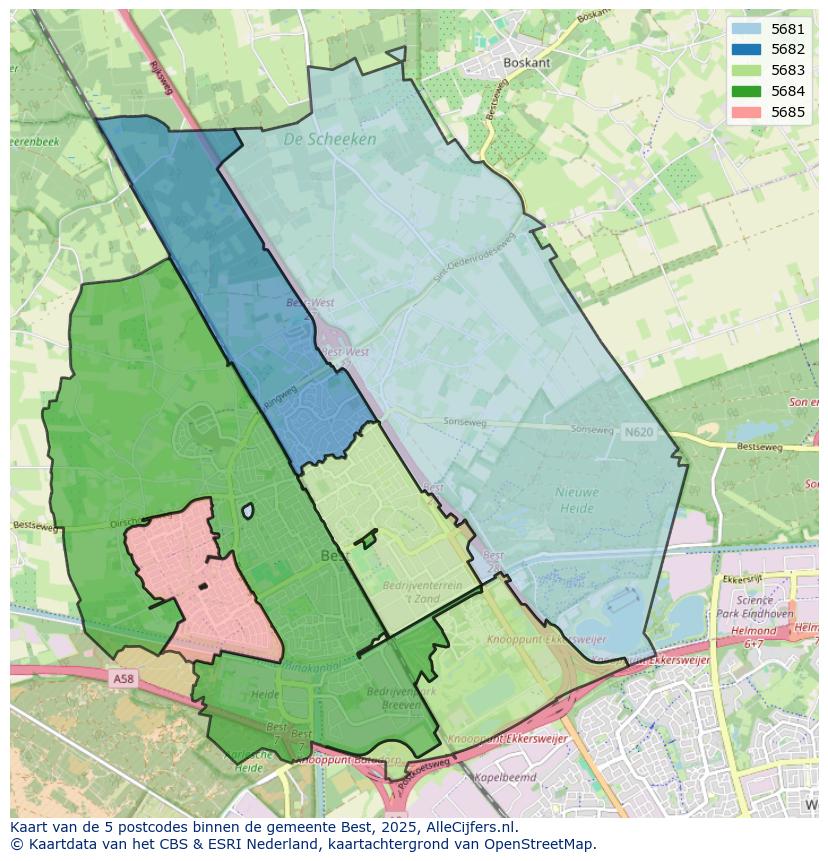 Afbeelding van de postcodes in de gemeente Best op de kaart.