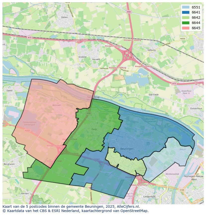 Afbeelding van de postcodes in de gemeente Beuningen op de kaart.