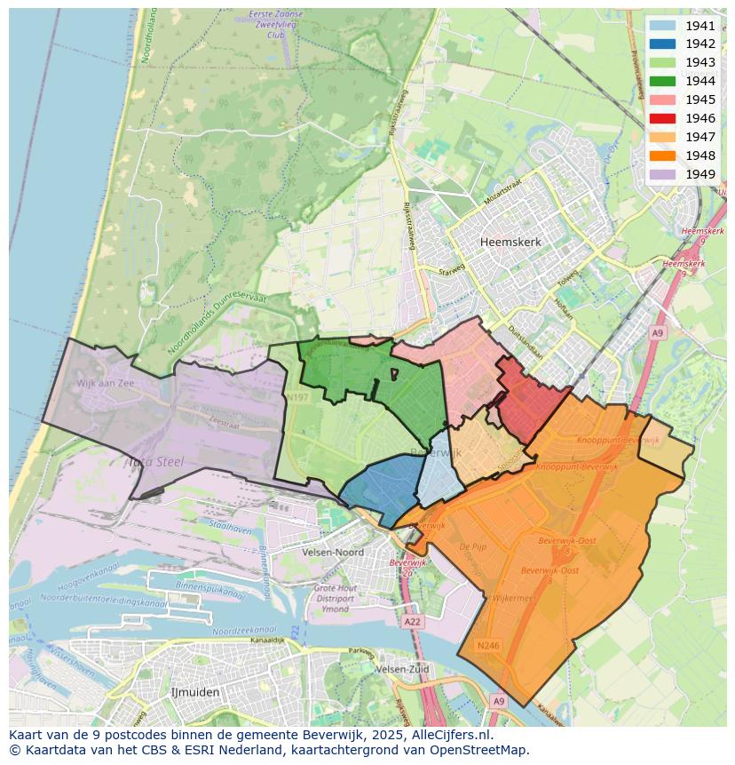Afbeelding van de postcodes in de gemeente Beverwijk op de kaart.