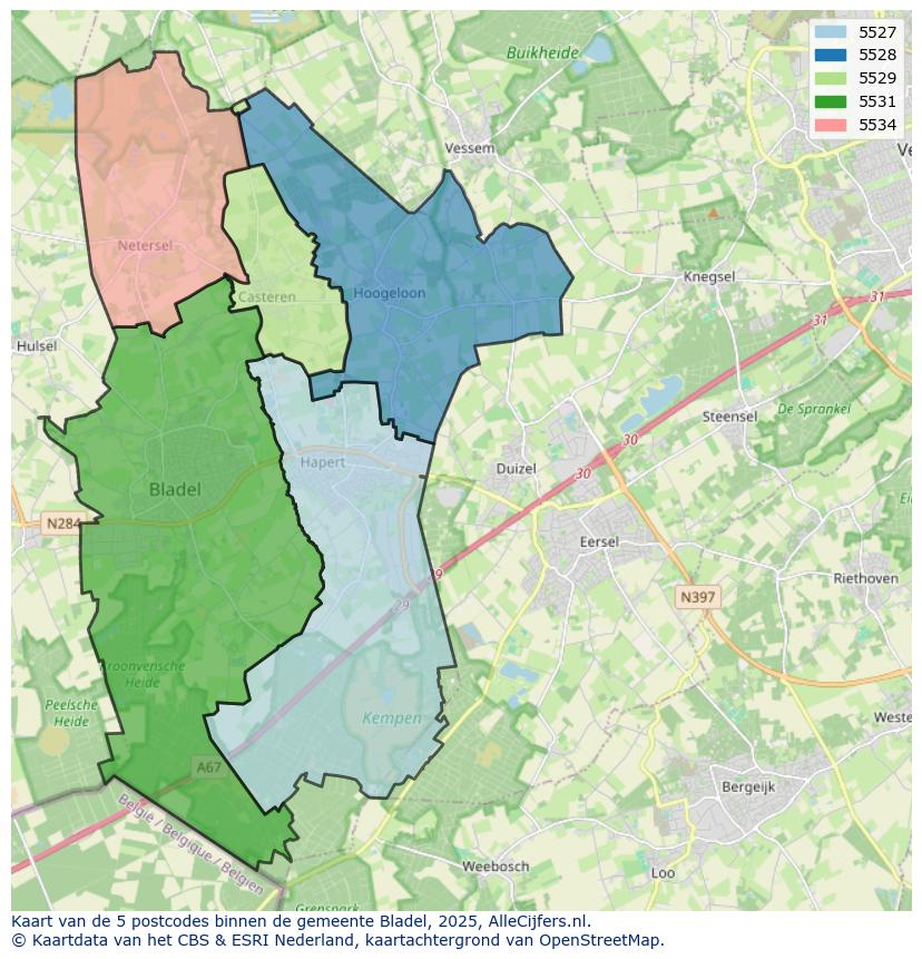 Afbeelding van de postcodes in de gemeente Bladel op de kaart.