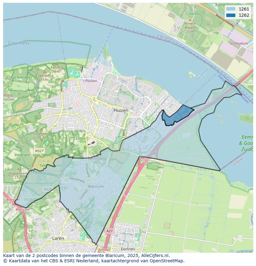 Afbeelding van de postcodes in de gemeente Blaricum op de kaart.