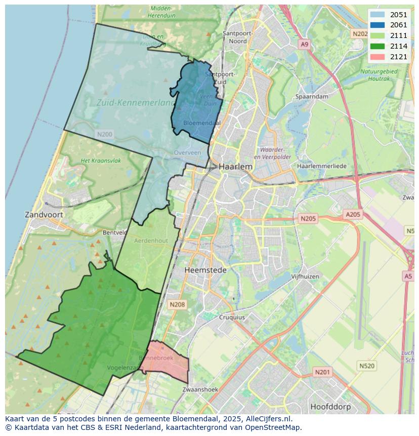 Afbeelding van de postcodes in de gemeente Bloemendaal op de kaart.