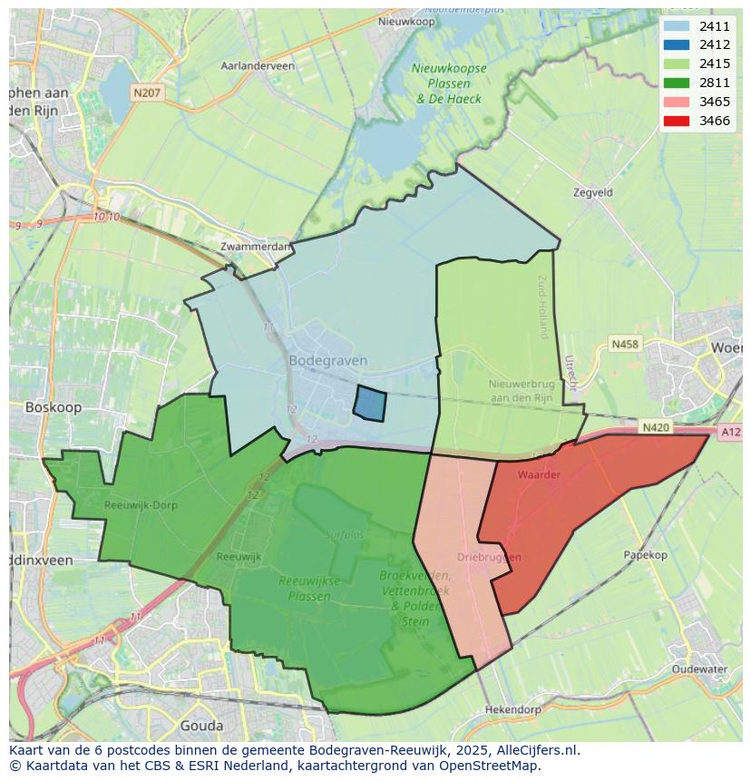 Afbeelding van de postcodes in de gemeente Bodegraven-Reeuwijk op de kaart.