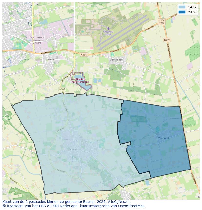 Afbeelding van de postcodes in de gemeente Boekel op de kaart.