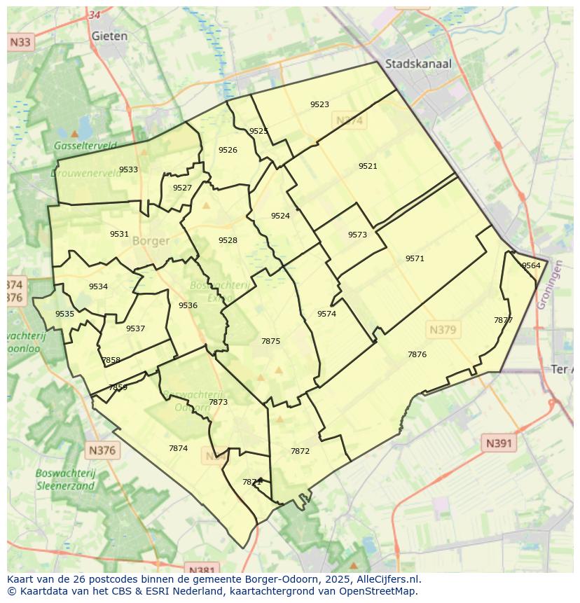 Afbeelding van de postcodes in de gemeente Borger-Odoorn op de kaart.