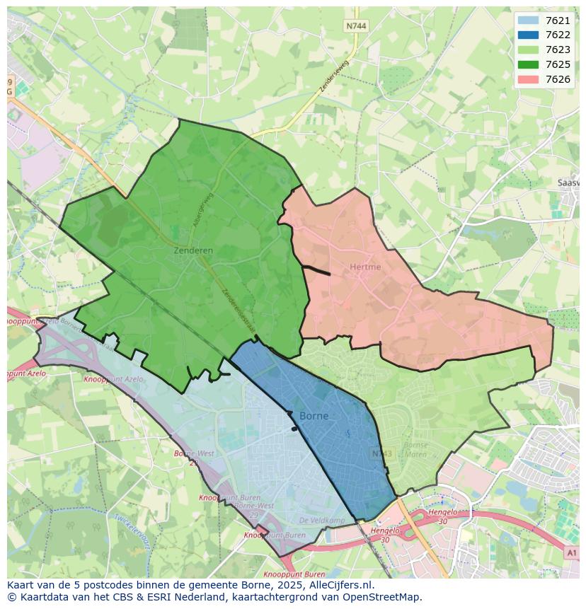 Afbeelding van de postcodes in de gemeente Borne op de kaart.