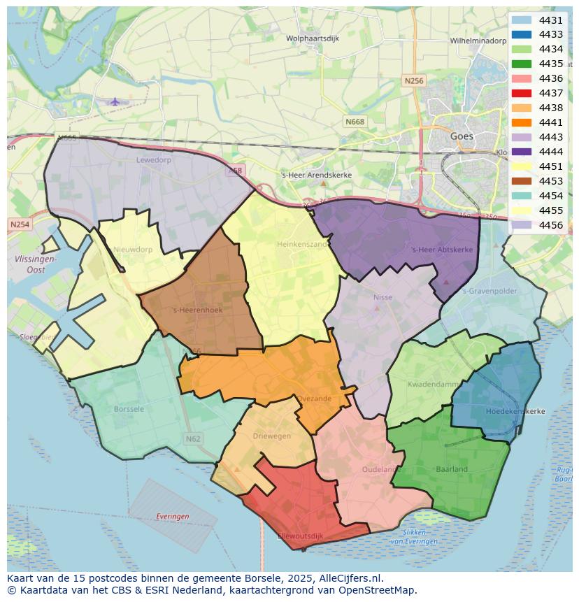 Afbeelding van de postcodes in de gemeente Borsele op de kaart.