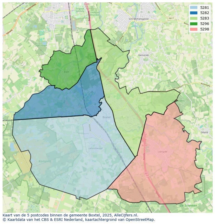 Afbeelding van de postcodes in de gemeente Boxtel op de kaart.