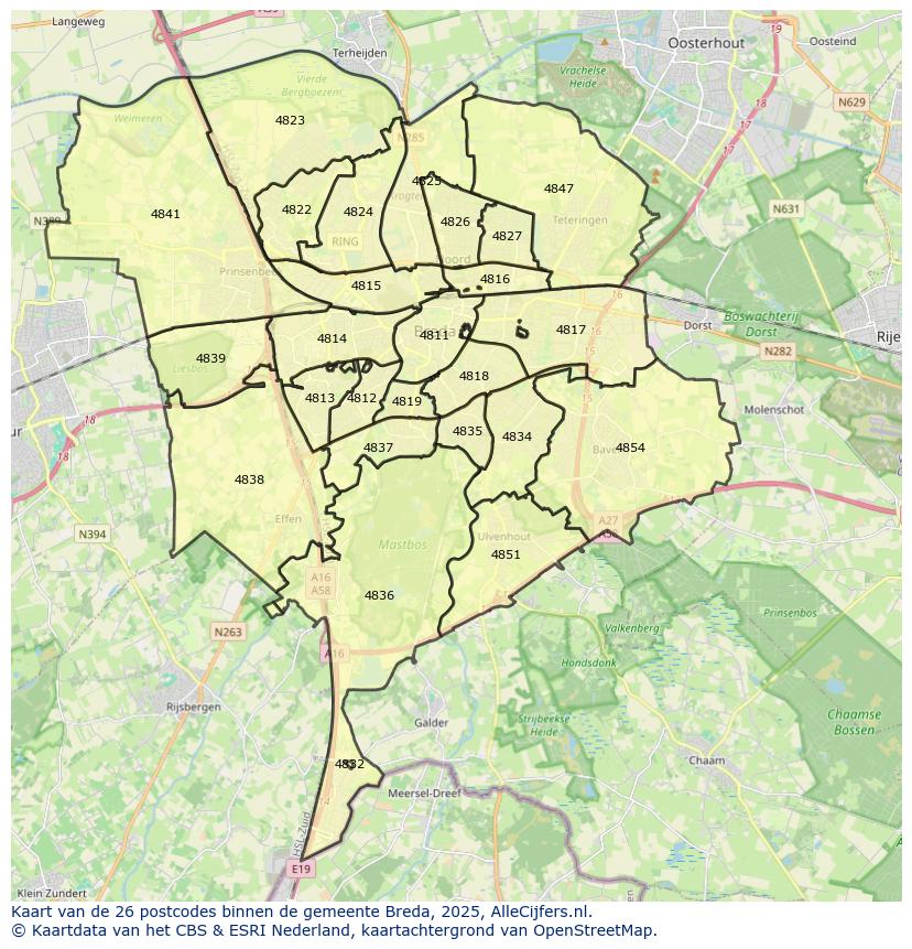 Afbeelding van de postcodes in de gemeente Breda op de kaart.