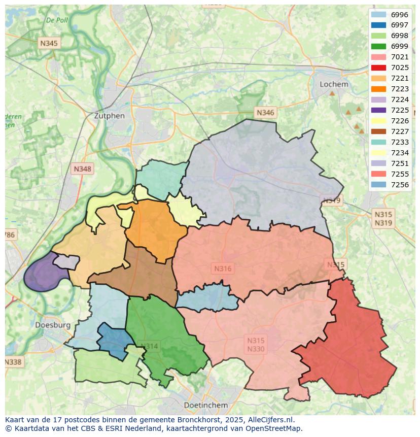 Afbeelding van de postcodes in de gemeente Bronckhorst op de kaart.
