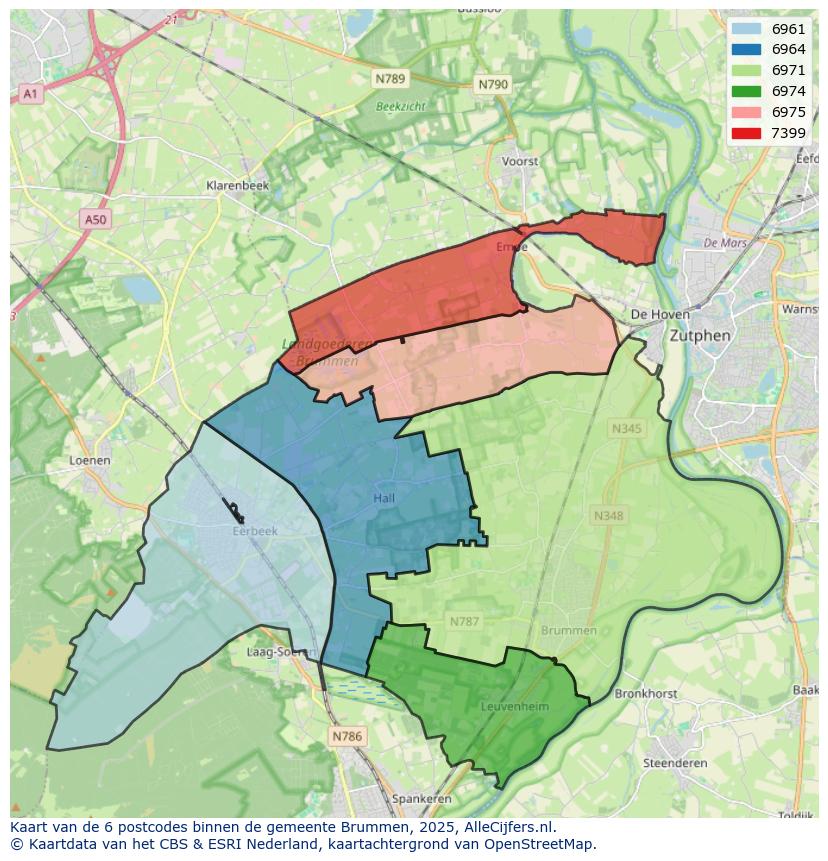 Afbeelding van de postcodes in de gemeente Brummen op de kaart.