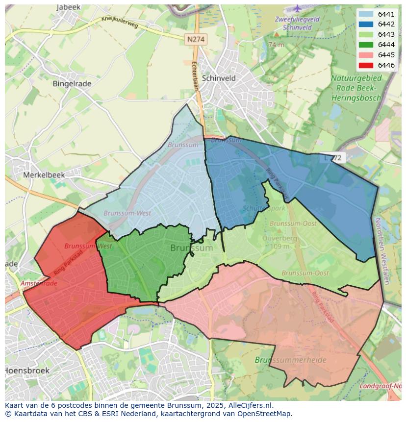 Afbeelding van de postcodes in de gemeente Brunssum op de kaart.