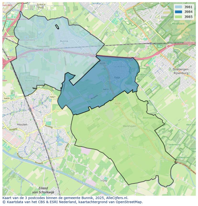 Afbeelding van de postcodes in de gemeente Bunnik op de kaart.