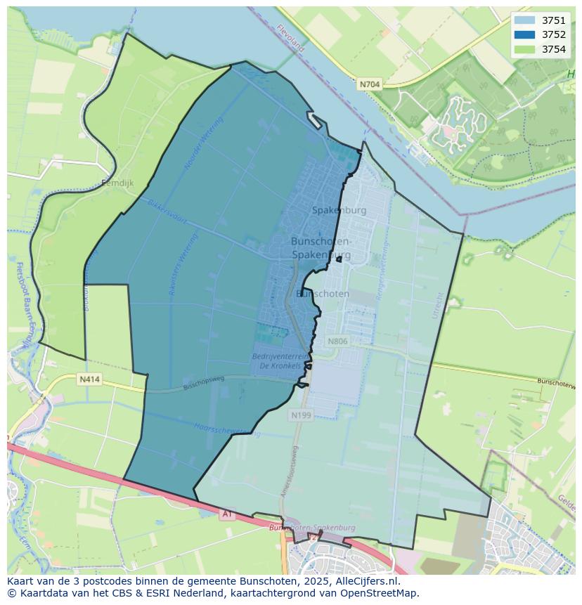 Afbeelding van de postcodes in de gemeente Bunschoten op de kaart.