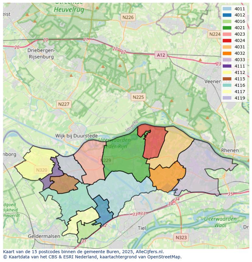 Afbeelding van de postcodes in de gemeente Buren op de kaart.