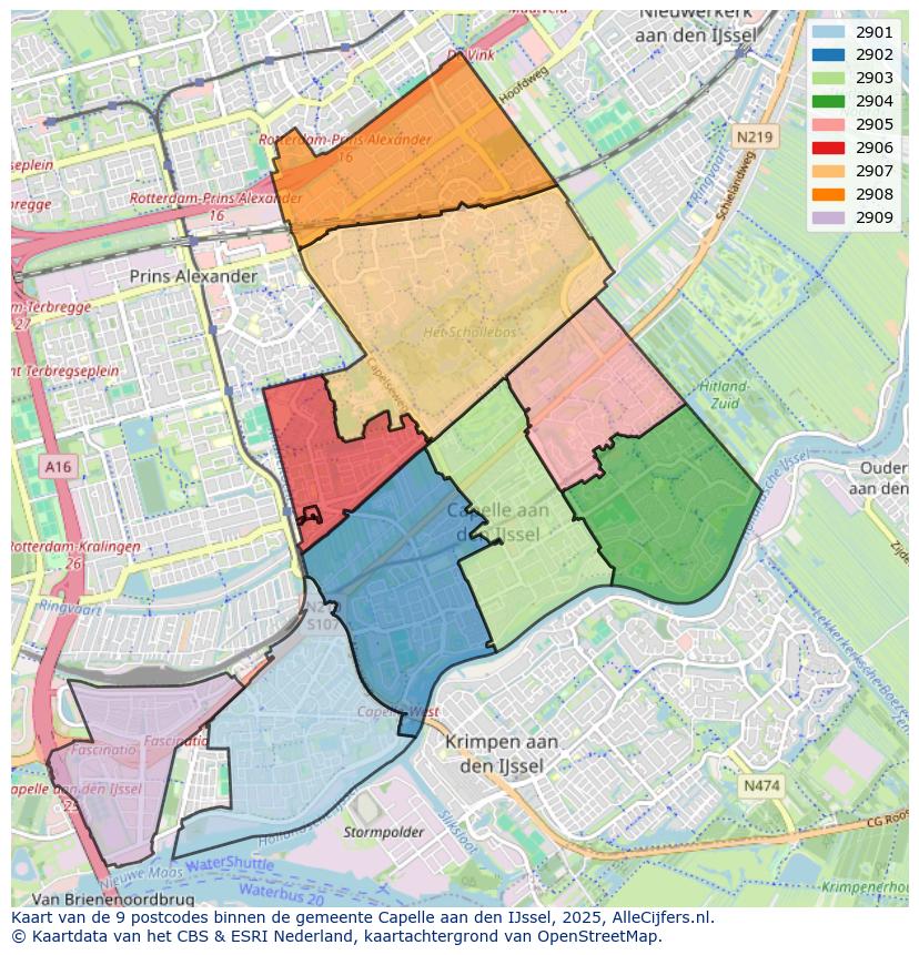 Afbeelding van de postcodes in de gemeente Capelle aan den IJssel op de kaart.