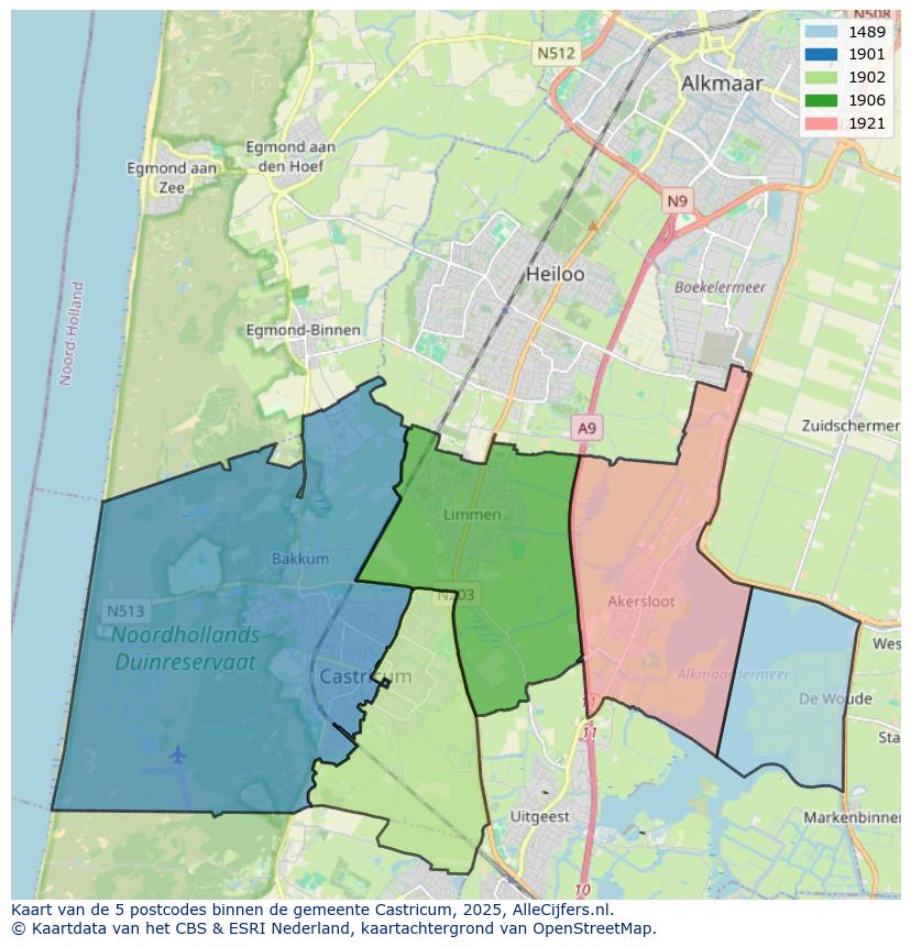 Afbeelding van de postcodes in de gemeente Castricum op de kaart.