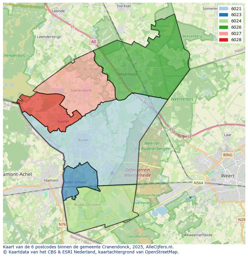 Afbeelding van de postcodes in de gemeente Cranendonck op de kaart.