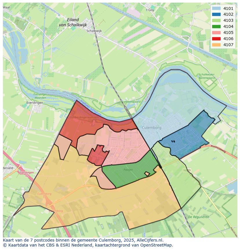Afbeelding van de postcodes in de gemeente Culemborg op de kaart.