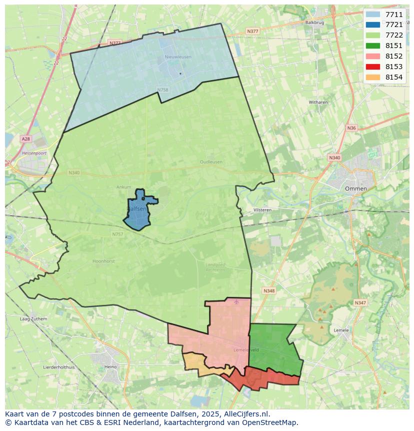 Afbeelding van de postcodes in de gemeente Dalfsen op de kaart.