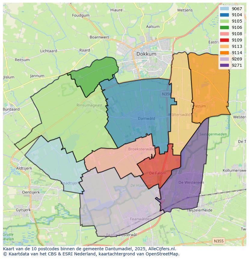 Afbeelding van de postcodes in de gemeente Dantumadiel op de kaart.