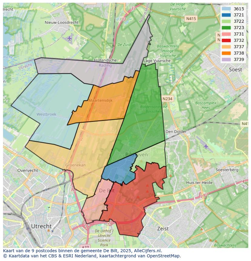 Afbeelding van de postcodes in de gemeente De Bilt op de kaart.