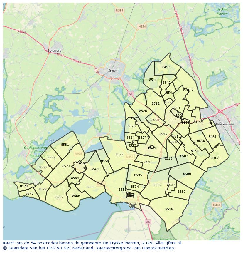 Afbeelding van de postcodes in de gemeente De Fryske Marren op de kaart.