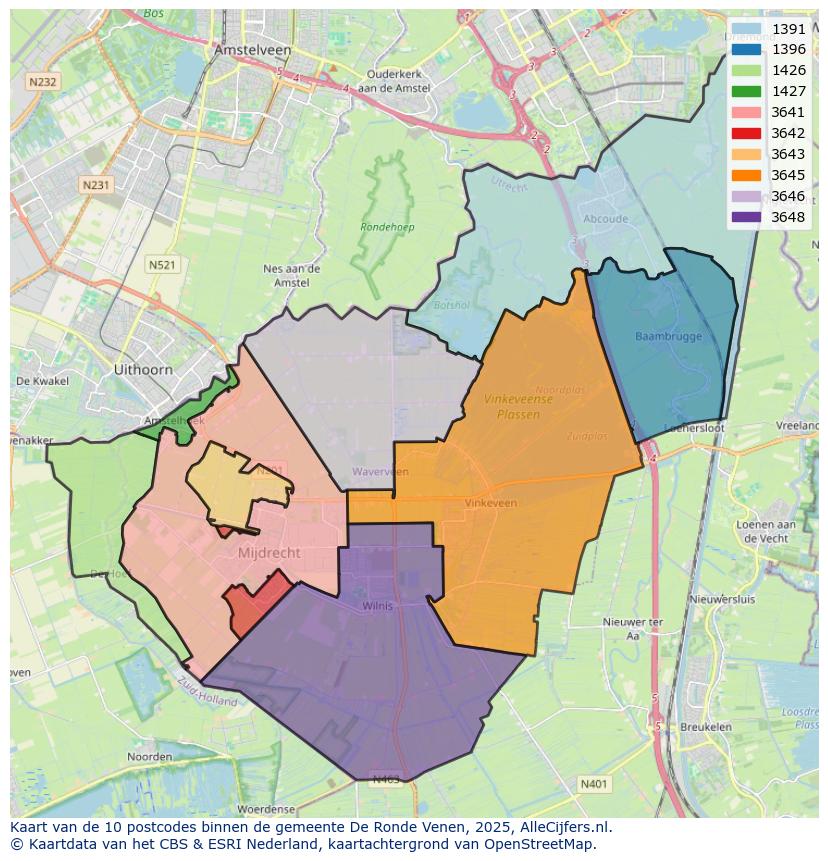 Afbeelding van de postcodes in de gemeente De Ronde Venen op de kaart.