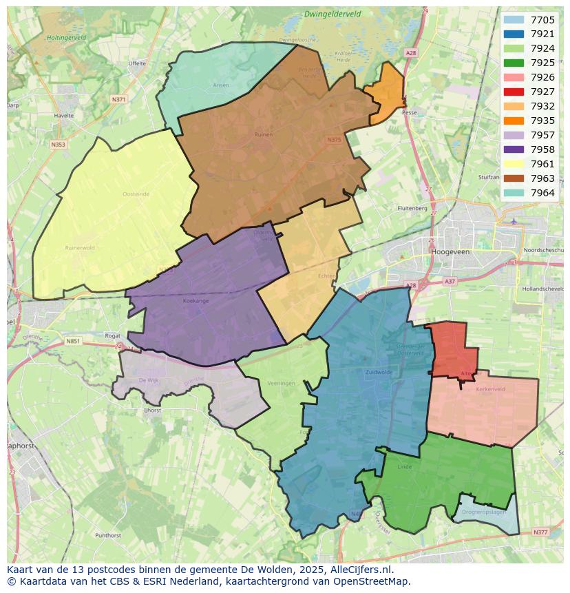 Afbeelding van de postcodes in de gemeente De Wolden op de kaart.