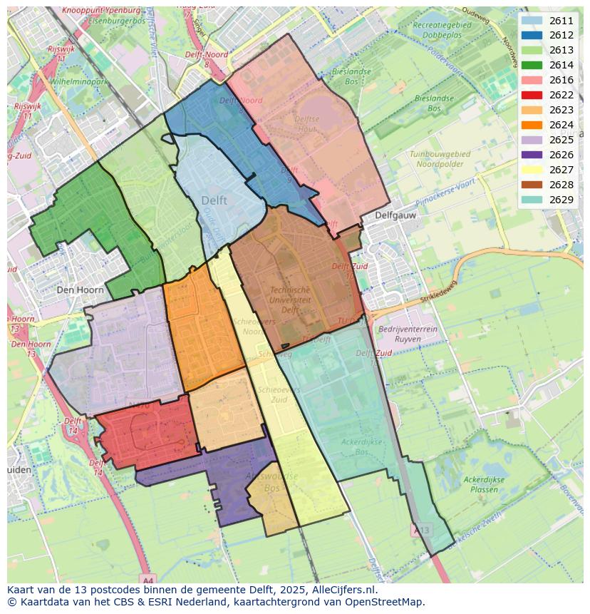 Afbeelding van de postcodes in de gemeente Delft op de kaart.