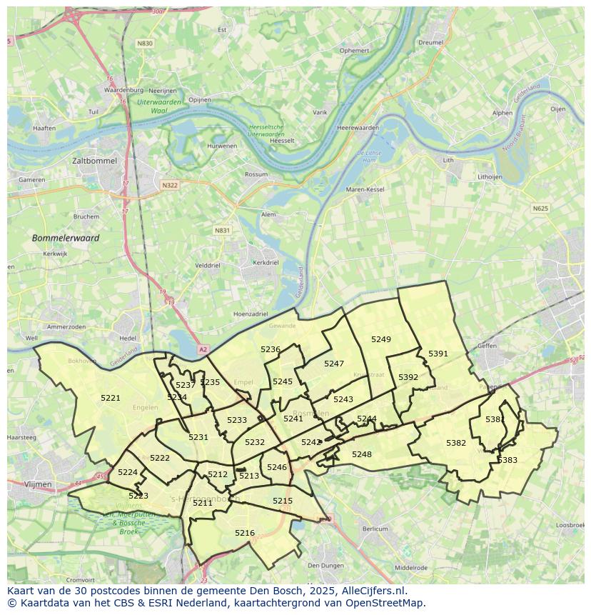 Afbeelding van de postcodes in de gemeente Den Bosch op de kaart.