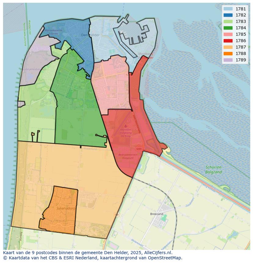 Afbeelding van de postcodes in de gemeente Den Helder op de kaart.
