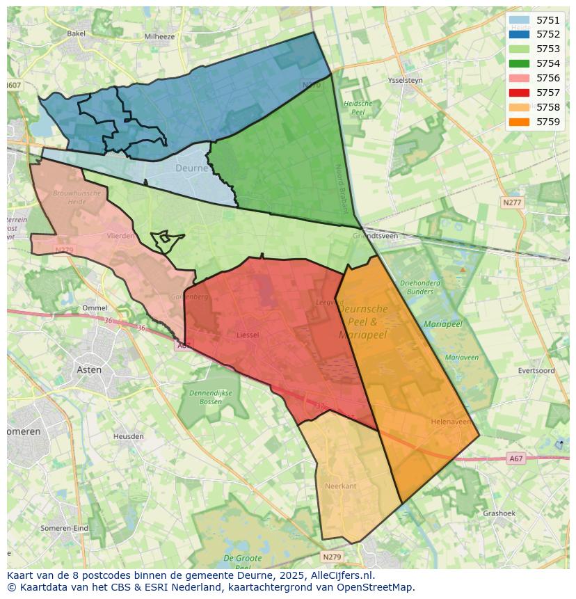 Afbeelding van de postcodes in de gemeente Deurne op de kaart.