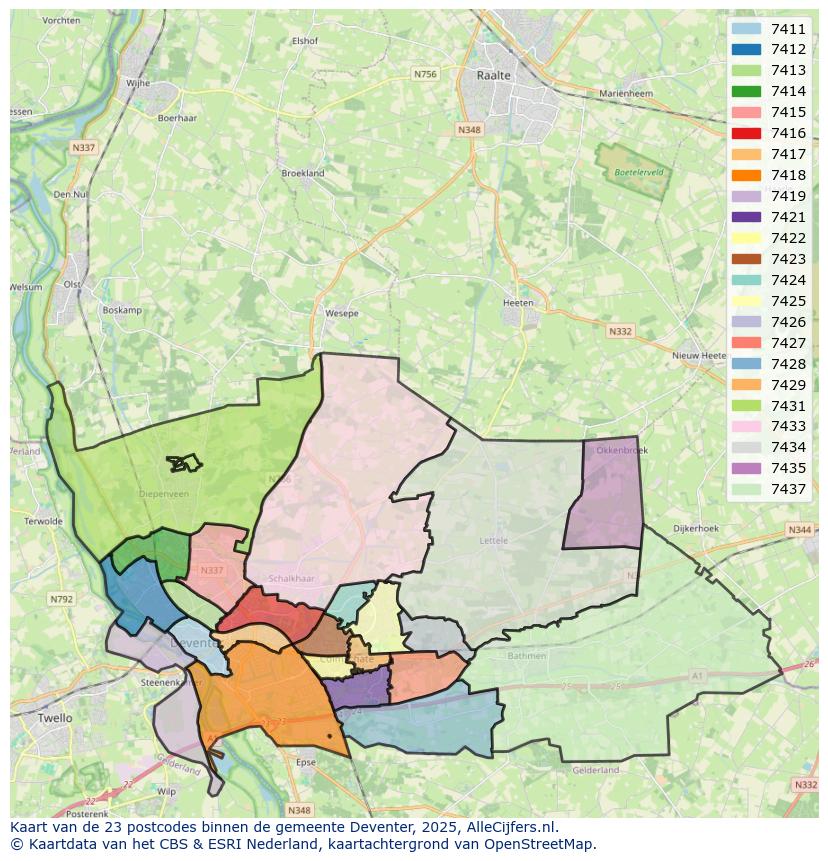 Afbeelding van de postcodes in de gemeente Deventer op de kaart.
