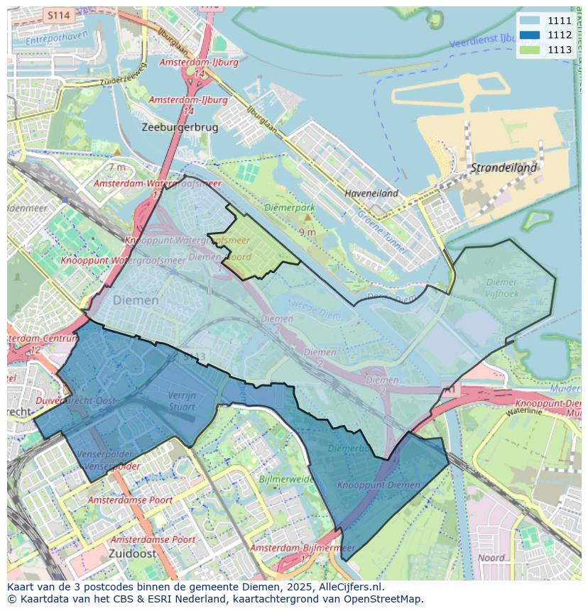 Afbeelding van de postcodes in de gemeente Diemen op de kaart.
