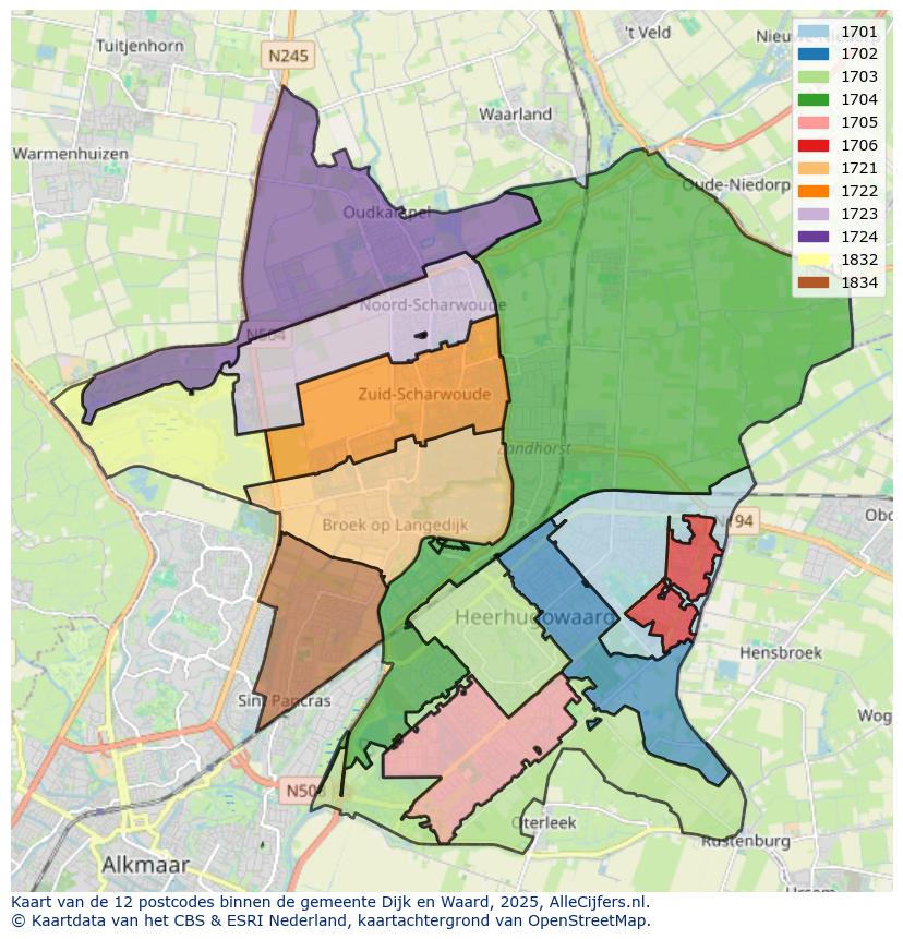 Afbeelding van de postcodes in de gemeente Dijk en Waard op de kaart.