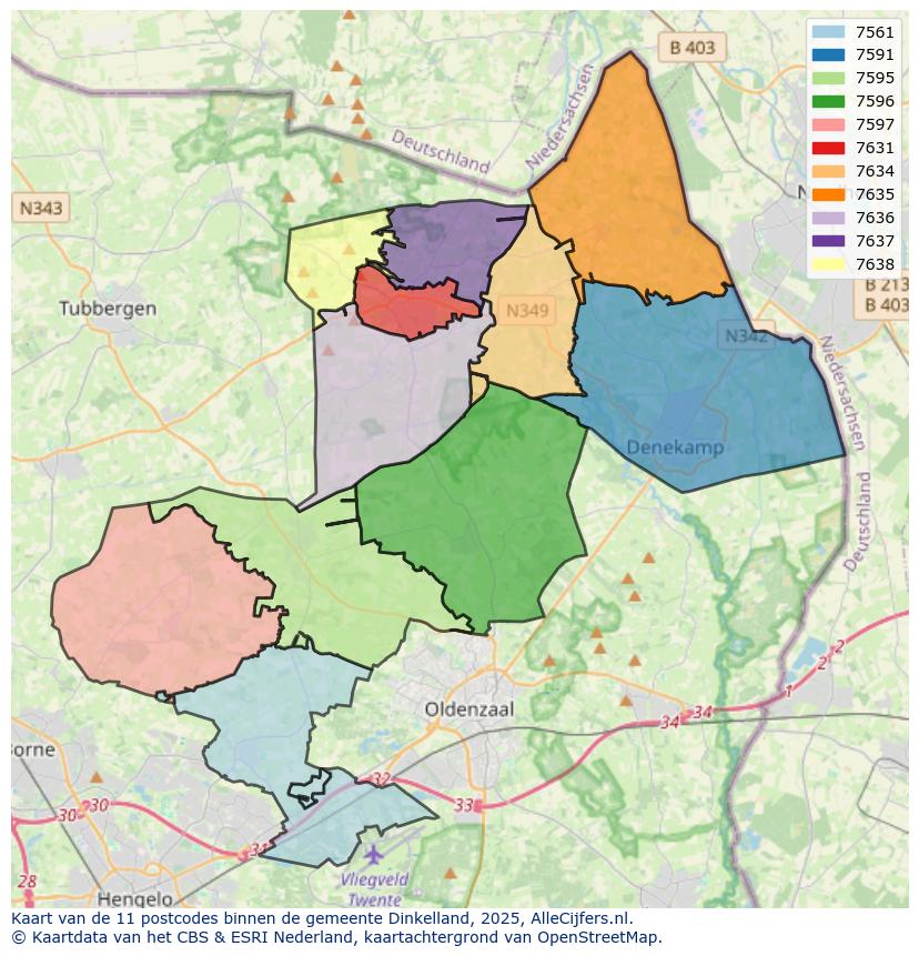 Afbeelding van de postcodes in de gemeente Dinkelland op de kaart.