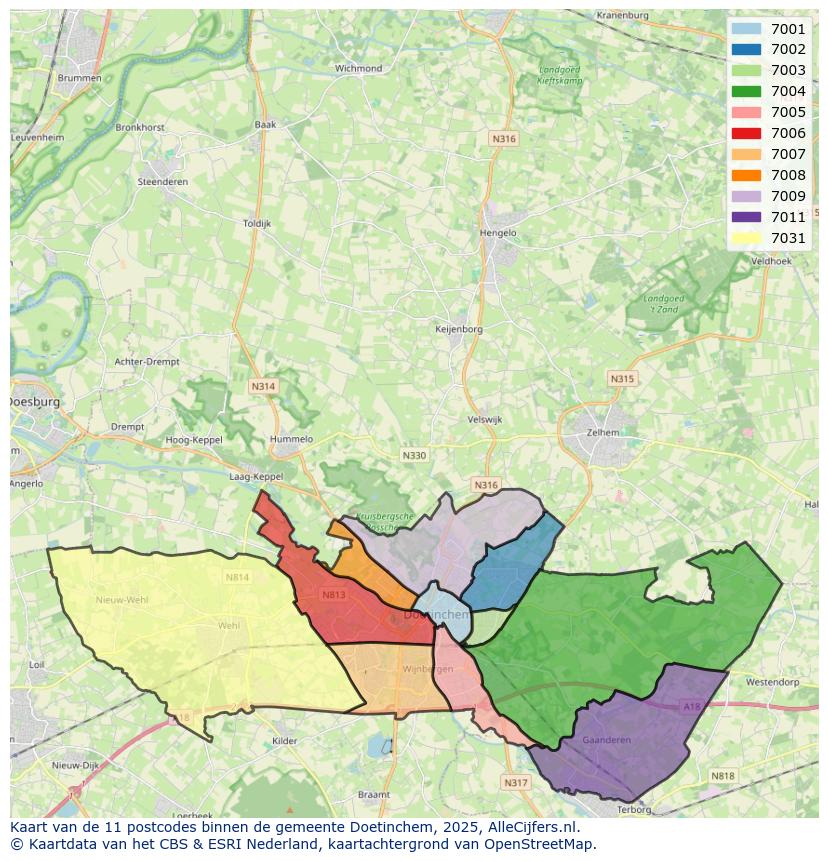 Afbeelding van de postcodes in de gemeente Doetinchem op de kaart.
